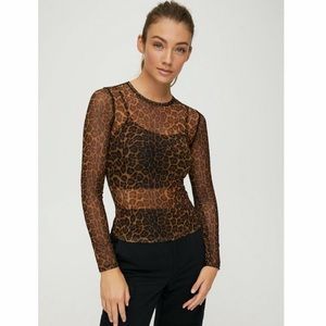 TNA Aritzia Leopard Sheer Mesh Long Sleeve Top
